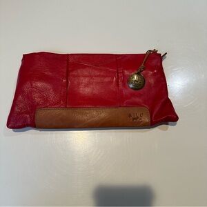 Will Leather Goods Red Clutch with Zipper Closure and Decorative Charm